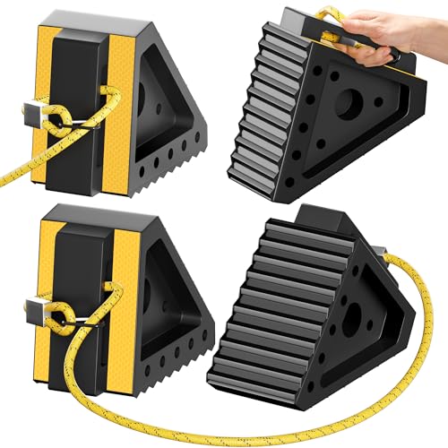 4 Pack Heavy Duty Wheel Chocks with 39" Rope & Dual Reflective Strips