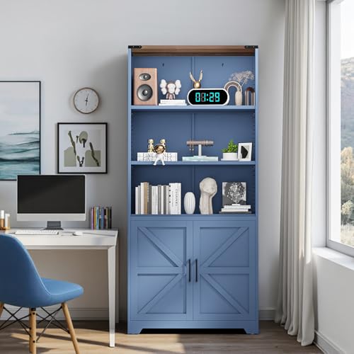 Blue Bookcase with Doors and Adjustable Shelves