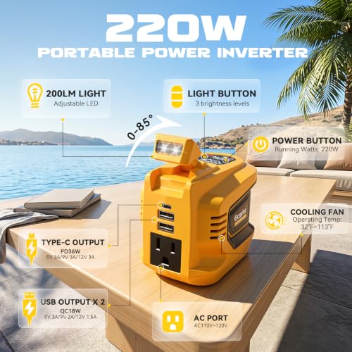 220W Portable Power Inverter Compatible with DeWALT 20V Battery