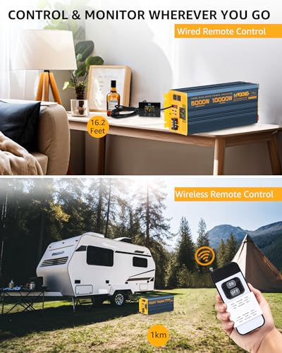 5000 Watt Power Inverter Pure Sine Wave 12V DC to 110V 120V 10000W Peak Heavy Duty Inverter with Remote Control and LED Display