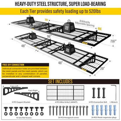 1.64x4ft 4Pack Wire Shelving Unit Heavy Duty Garage Storage Shelves Wall Mounted Black 1120lbs Load Capacity（20 (4 Count)