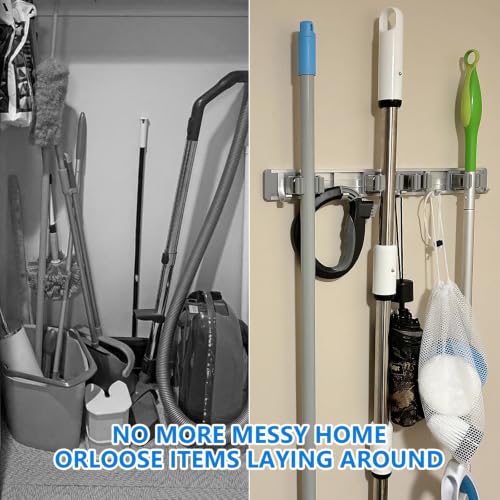 Broom Holder Wall Mount Mop Hanger Tools organizer 4Racks 5Hooks