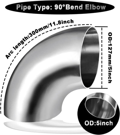Cotonake OD 5 Inch 90 Degree SS304 Stainless Steel Bend Tube Exhaust Elbow Pipe for Car Modified Exhaust System 5" Piping Silver Tone，Stair Handrail (1pcs)