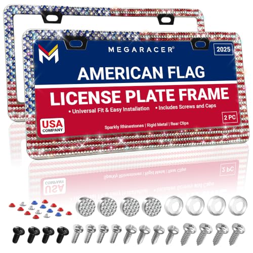 Patriotic USA American Flag Bling License Plate Frames for Women (2 Count)