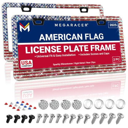 Patriotic USA American Flag Bling License Plate Frames for Women (2 Count)