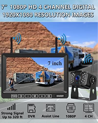RV Backup Camera Wireless DOUXURY IP69 Waterproof 170° Wide View Angle HD 1080P Rear View Camera + HD LCD 7" Monitor