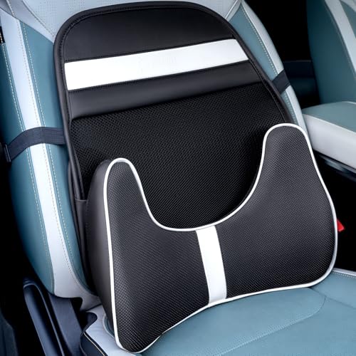 Memory Foam Double Layer Breathable Mesh Lumbar Support Ergonomic Leather Lumbar Support Pillow with 3D Mesh Back Support and Adjustable Strap for CarSeat & Office Chair