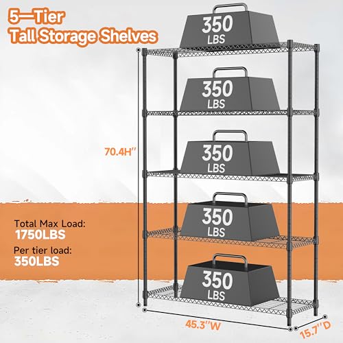 5 Tiers Shelf Metal Storage Shelves Standing 1750 LBs Household Shelf Organizer for Kitchen Pantry Closet Garage Basement Utility Room