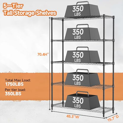 5 Tiers Shelf Metal Storage Shelves Standing 1750 LBs Household Shelf Organizer for Kitchen Pantry Closet Garage Basement Utility Room