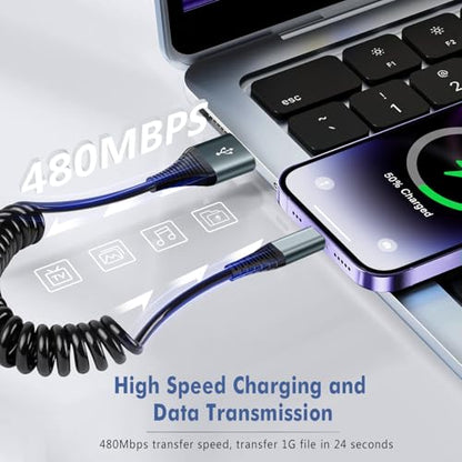 Coiled Lightning Cable 3FT 2 Pack MFi Certified Car iPhone Charger Cable (2 Count)