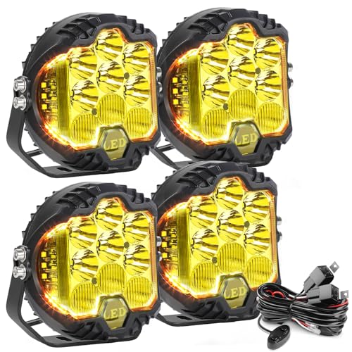 4PCS 7 Inch Yellow Round Side Shooter Offroad Fog Lights Amber DRL 90W 3 Modes 270° Wide Range Super Bright LED Pods Light Kit for Pickup Truck ATV UTV SUV with Wiring Harness 4 Leads