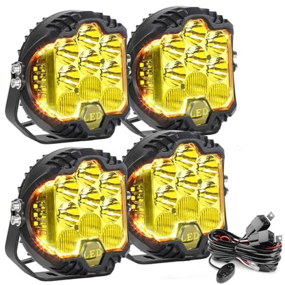 4PCS 5 Inch Yellow Round Side Shooter Offroad Fog Lights Amber DRL 90W 3 Modes 270° Wide Range Super Bright LED Pods Light Kit for Pickup Truck ATV UTV SUV