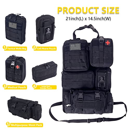 Universal Tactical Car Seat Back Organizer Bag Tactical Molle Vehicle Organizers Panel Vehicle Protector Organizers with 5 Detachable Pouches for Car Truck Ford Jeep