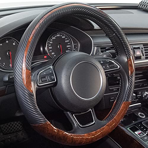 Wood Grain Steering Wheel Cover Black Universal Microfiber Leather