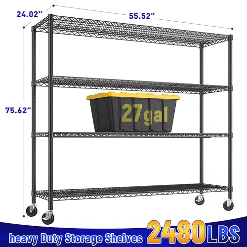 55.52''W Storage Shelves 2480LBS Wire Shelving Unit with Wheels Heavy Duty Metal Shelves for Storage Adjustable Garage Storage Rack Kitchen Shelving (4 Count)