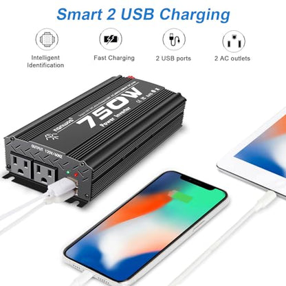 12V Inverter 750W Inverter 12V to 110V or Cars Trucks semi Trucks Various Vehicles with 2 AC Power outlets 2USB Ports
