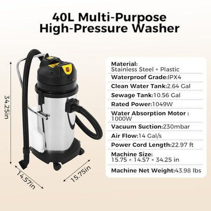 40L Commercial Carpet Cleaning Machine 3 in 1 Upholstery Cleaner Machine 1000W Professional Extractor Vacuum Washing Machine for Cleaning Carpets