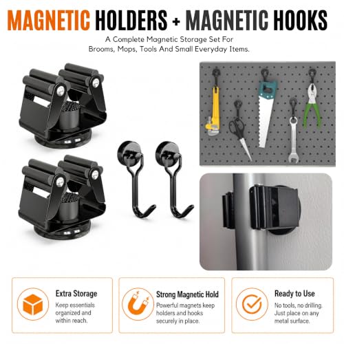 2 Pack Magnetic Broom Holder with 2 Pack Mini Magnetic Hooks (4 count)