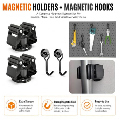 2 Pack Magnetic Broom Holder with 2 Pack Mini Magnetic Hooks (4 count)