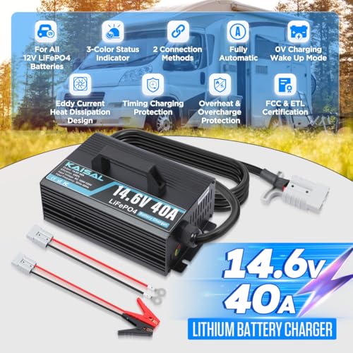 12V 40A Lithium Battery Charger 14.6V LiFePO4 Battery Charger for 12.8V LiFePO4 Lithium Deep Cycle Rechargeable Batteries 0V Wake Up 12 Volt Charger with 3 Connectors for RV