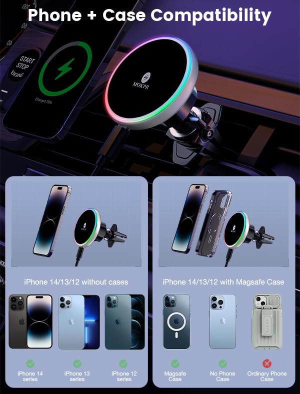 for Magsafe Car Mount Charger 15W LED RGB Car Phone Holder for Dash Vent