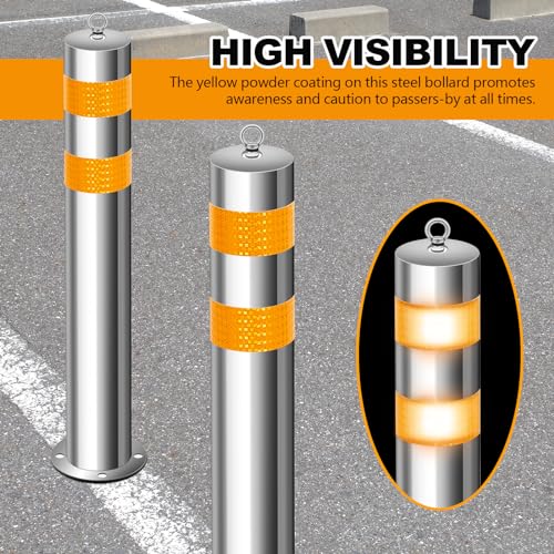 31.5 Inch Stainless Steel Bollard Post with Anchor Bolts Parking Barrier Block Safety Bollard Covers with Reflective Strips and Hanging Ring for Parking Lots Driveways Garage Pathways