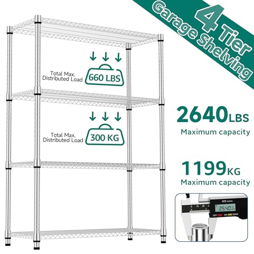 4 Tiers Shelf Metal Storage Shelves 2640 lbs Steel Storage Shelving Utility Shelving Unit Steel Organizer Wire Rack for Home (4 Count)