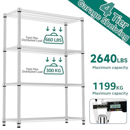 4 Tiers Shelf Metal Storage Shelves 2640 lbs Steel Storage Shelving Utility Shelving Unit Steel Organizer Wire Rack for Home (4 Count)