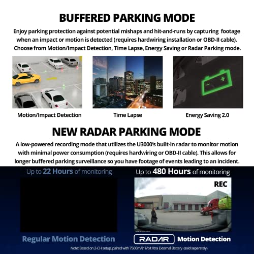 U3000 4K Dash Cam Front and Rear 2CH STARVIS 2 Sensor Super Night Vision Dashcam for Car Camera 5GHZ WiFi GPS Radar Buffered Parking Mode CPL Filter Red Light Speed Camera Alerts OBD Cable