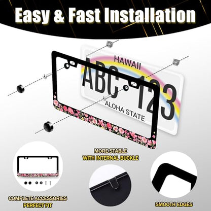 Pink Floral License Plate Frame Colorful Flower License Holder with 2 Holes