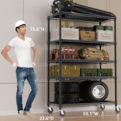 Garage Shelving Wide Storage Shelves 5 Tier Metal Shelves 4000 LBS Heavy Duty Adjustable Utility Shelf Rack Black 23.6" D x 53.1" W x 73.6" H (5 Count)