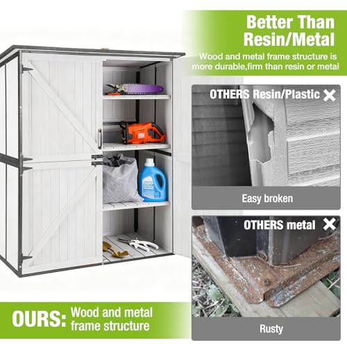 Outdoor Storage Cabinet Durable Metal Frame and Solid Wood Vertical Tool Shed with 3 Adjustable Height Shelves and Bottom Floor for Patio