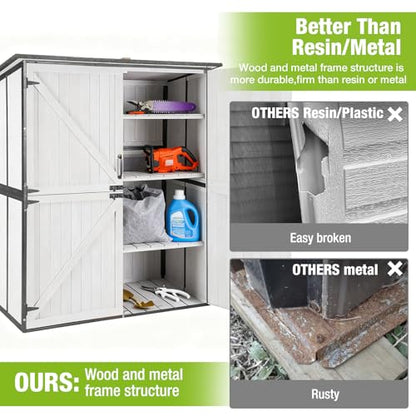 Outdoor Storage Cabinet Durable Metal Frame and Solid Wood Vertical Tool Shed with 3 Adjustable Height Shelves and Bottom Floor for Patio