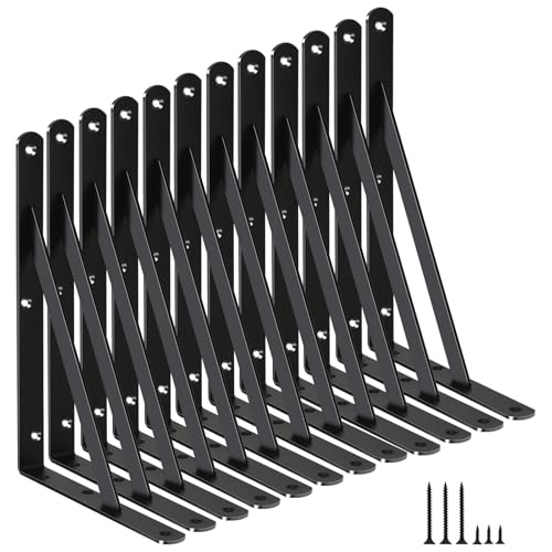 12 Pack L11 x H 8" Black Heavy Duty Shelf Brackets with Screws Metal Shelf Brackets Shelf Support Angle Brackets for Shelves L Brackets Heavy Duty Floating Shelf Brackets (12 Count)