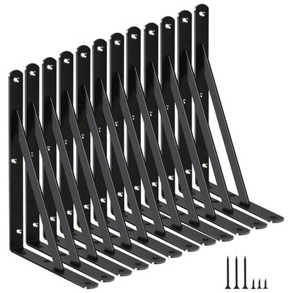 12 Pack L11 x H 8" Black Heavy Duty Shelf Brackets with Screws Metal Shelf Brackets Shelf Support Angle Brackets for Shelves L Brackets Heavy Duty Floating Shelf Brackets (12 Count)