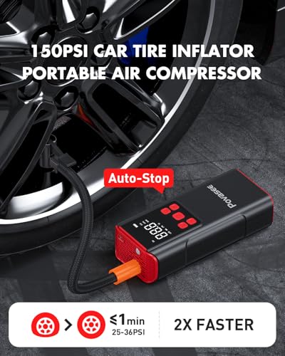 Tire Inflator Portable Air Compressor Povasee 150PSI Portable Air Pump for Tires Cordless Car Tire Inflator with LCD Display