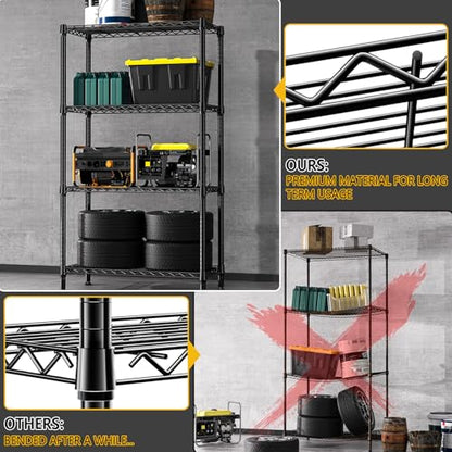 1000 lbs 4 Tier Shelf Metal Storage Shelves Shelving Wire Rack Heavy Duty Closet Organizers for Garage Kitchen Bathroom Laundry Black 13.8" D x 35.4" W x 59.5" H (4 Count)