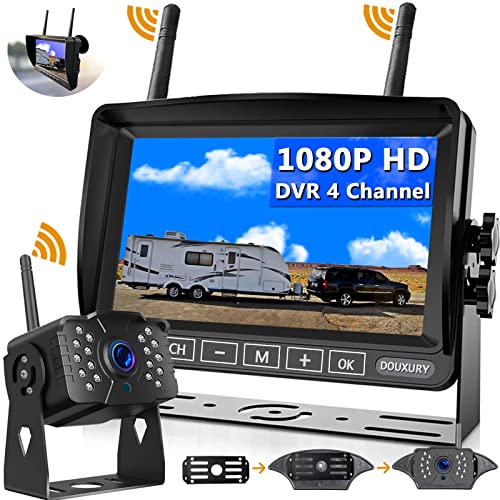 RV Backup Camera Wireless DOUXURY IP69 Waterproof 170° Wide View Angle HD 1080P Rear View Camera + HD LCD 7" Monitor