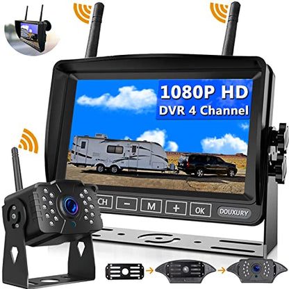 RV Backup Camera Wireless DOUXURY IP69 Waterproof 170° Wide View Angle HD 1080P Rear View Camera + HD LCD 7" Monitor