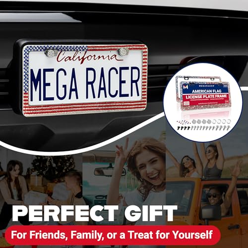 Patriotic USA American Flag Bling License Plate Frames for Women (2 Count)