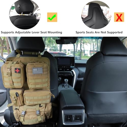 tactical car seat back organizer and storage truck seat covers with a Molle Vehicle Panel and 5 Different Size Molle Pouches for most models such as Jeep