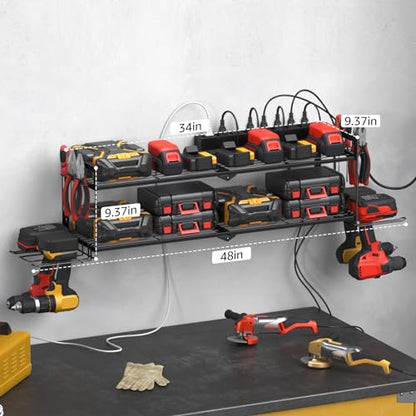 Large Garage Tools Storage with Charging Station. Power Tool Battery Organizer Utility Shelf with Power Strip. 4 Drills Holder Wall Mount Rack. (7.6 Count)