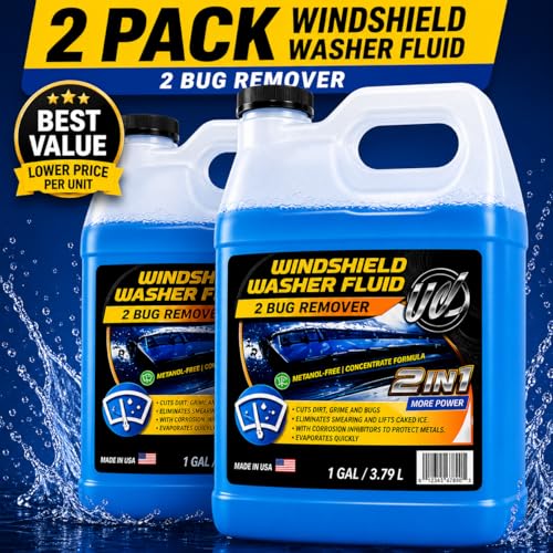 2-in-1 Windshield Washer Fluid 2-Pack (1 Gallon Each, 256 fl oz Total) – Ready to Use, Streak-Free Formula, All-Weather Cleaning, Removes Bugs, Dirt & Road Grime – Premium Windshield Cleaner (256 Fl Oz)