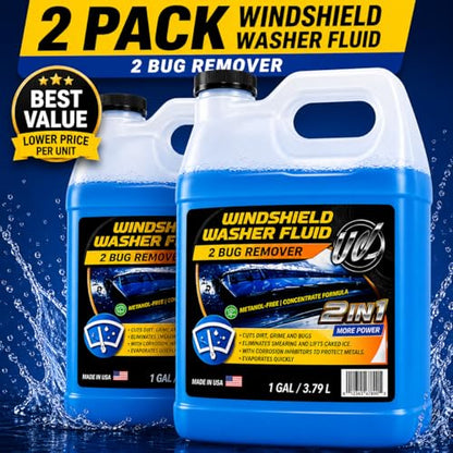 2-in-1 Windshield Washer Fluid 2-Pack (1 Gallon Each, 256 fl oz Total) – Ready to Use, Streak-Free Formula, All-Weather Cleaning, Removes Bugs, Dirt & Road Grime – Premium Windshield Cleaner (256 Fl Oz)