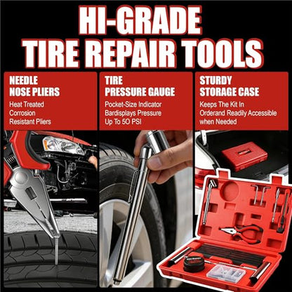 68-Piece All-in-One Heavy Duty Tire Plug Kit – Professional Tire Repair Set, T-Handle Tools, Valve Kit, 40 Plugs, Pliers, Knife – Universal for Car