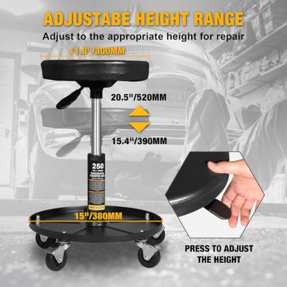 Pneumatic Rolling Mechanic Stool with Wheels 250lb Capacity Adjustable Height Garage Shop Seat with Tool Tray for Auto Repair Workshop