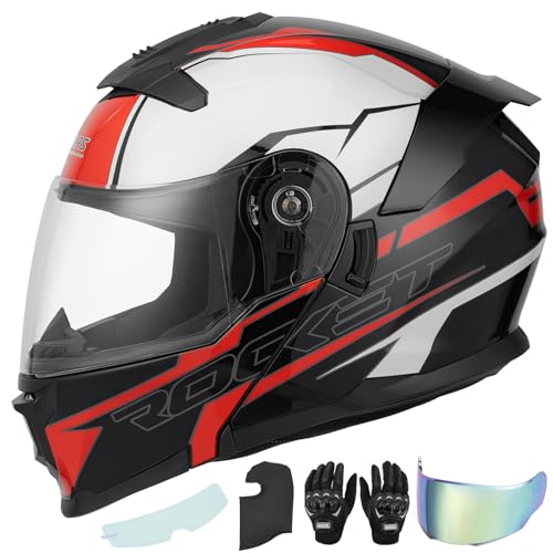 Modular Motorcycle Helmets Full Face Flip up Street Bike Motorcycle Helmet for Unisex Adult Rocket Black