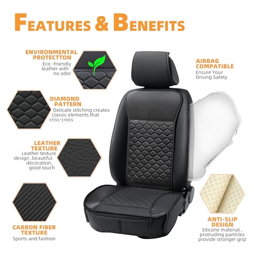 Carbon Fiber Leather Car Seat Covers Front 2PC Waterproof Black (2 Count)
