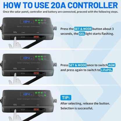 100W 12V Solar Panel Kit with 20A Smart Charge Controller