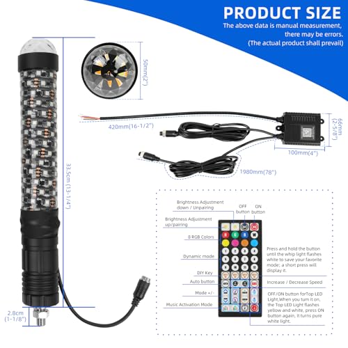 2Pack 1FT Fat Whip Lights New Upgraded Spiral LED Whip Light with Strobe Light RGB Chasing Dancing Lighted Antenna Whips W (2 Count)